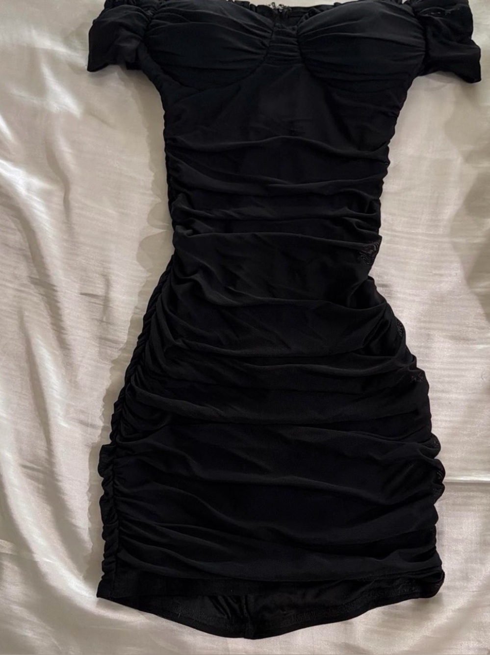 Off-Shoulder Black Ruched Mini Dress